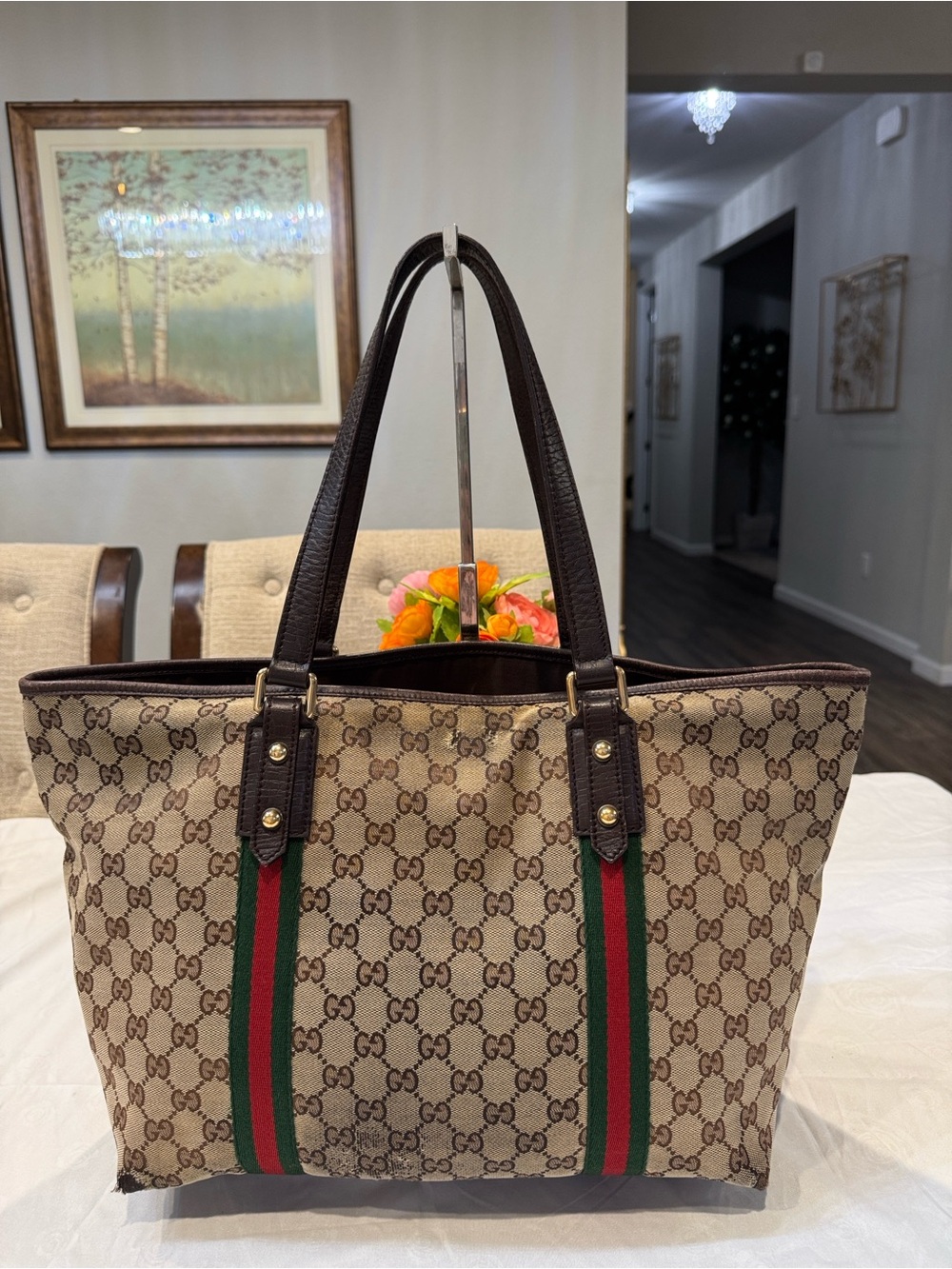 Authentic Gucci Beige Monogram Tote with Green and Red Stripes - Picture 2 of 10